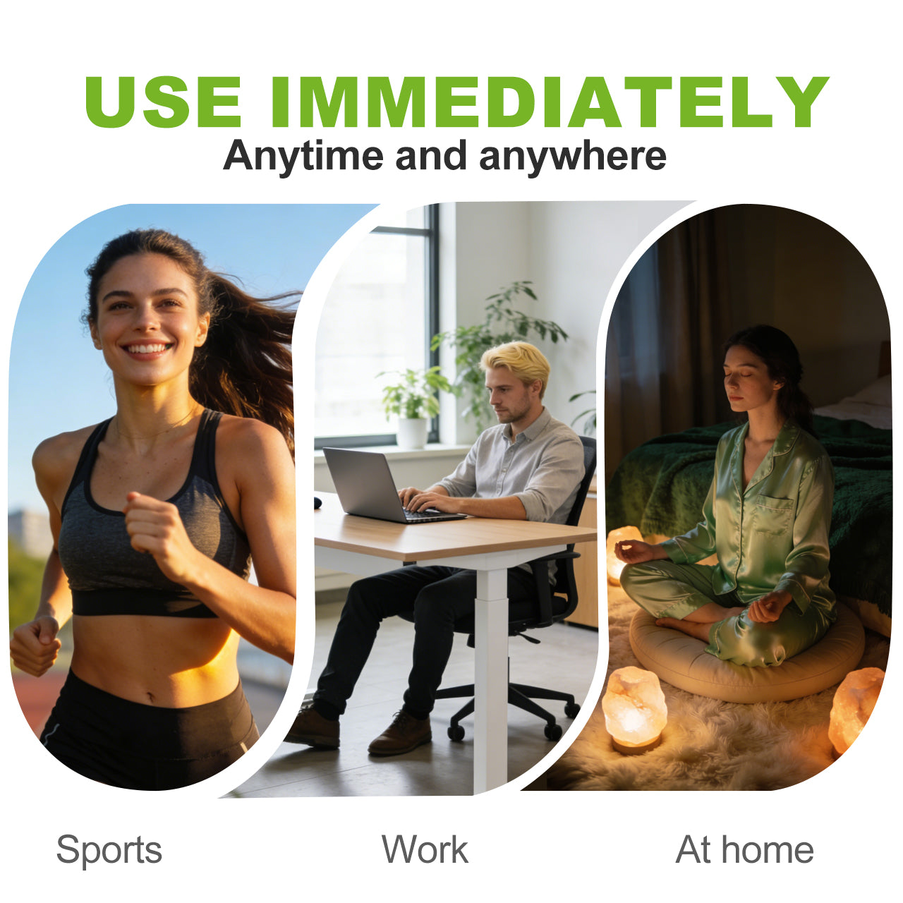 A lifestyle collage showing people using HOLYMOLY products during sports, at work, and for relaxation at home
