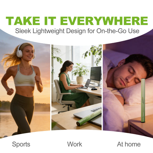 Lifestyle collage of HOLYMOLY herbal diffusers being used during sports, at work, and on a nightstand at home to demonstrate its sleek design