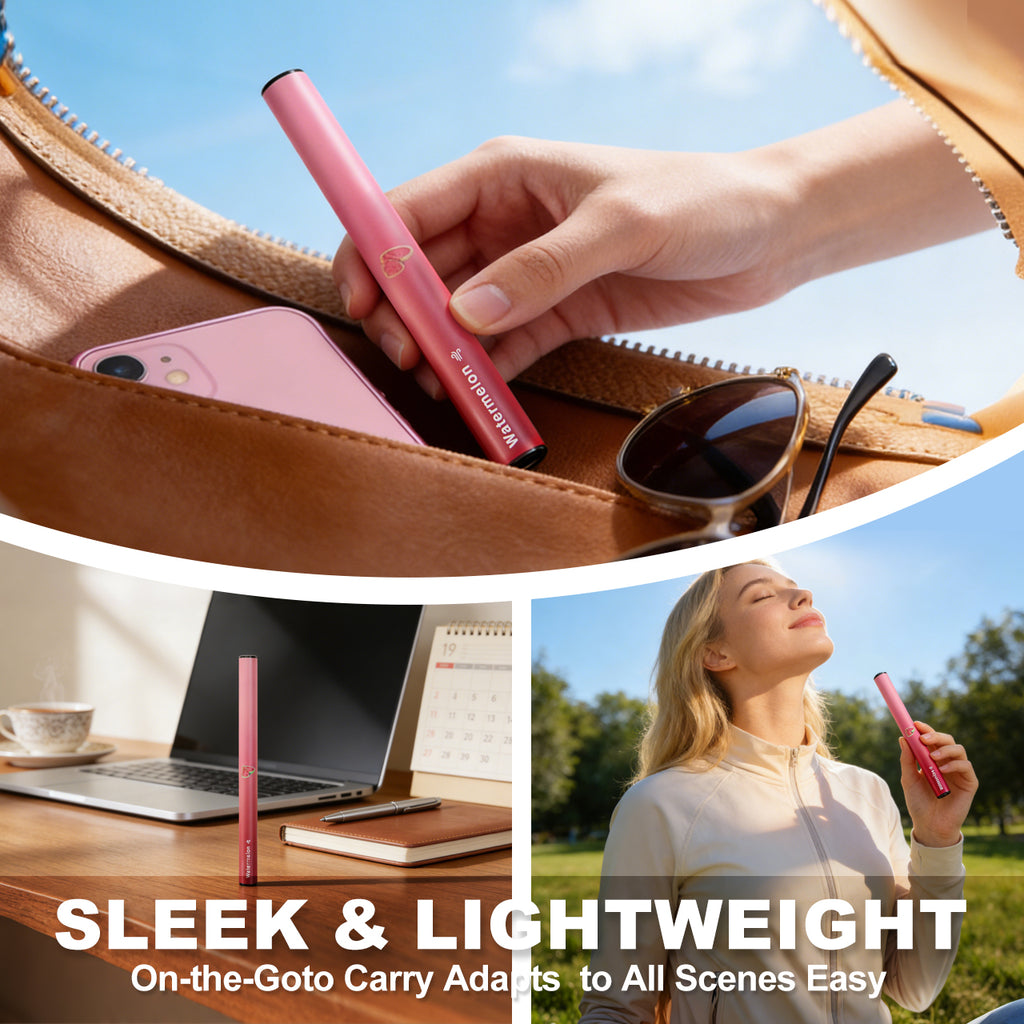 HOLYMOLY Watermelon herbal diffuser in bag on desk and in park to show its sleek and lightweight design