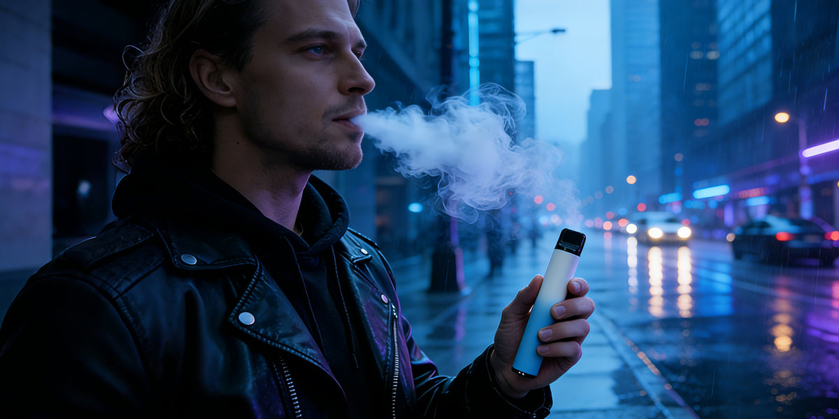 Man in a leather jacket holding a large blue HOLYMOLY Melatonin herbal diffuser while exhaling white aromatic vapor on a rainy city street at night