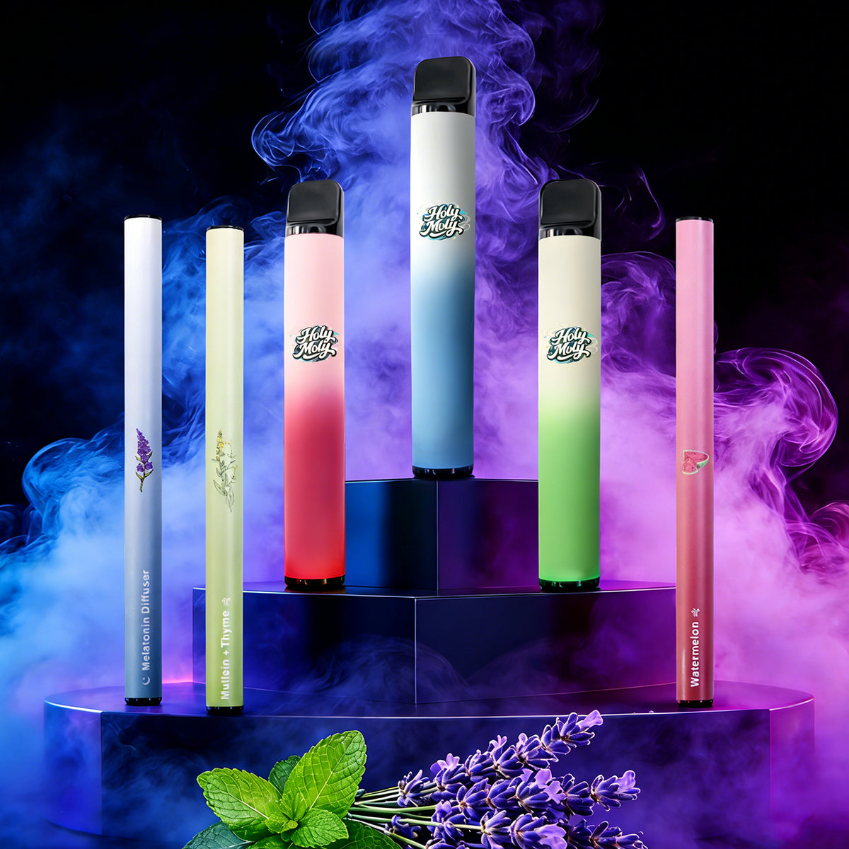 Group of HOLYMOLY herbal diffusers in various colors and flavors including Watermelon, Mint, and Melatonin with colorful smoke background