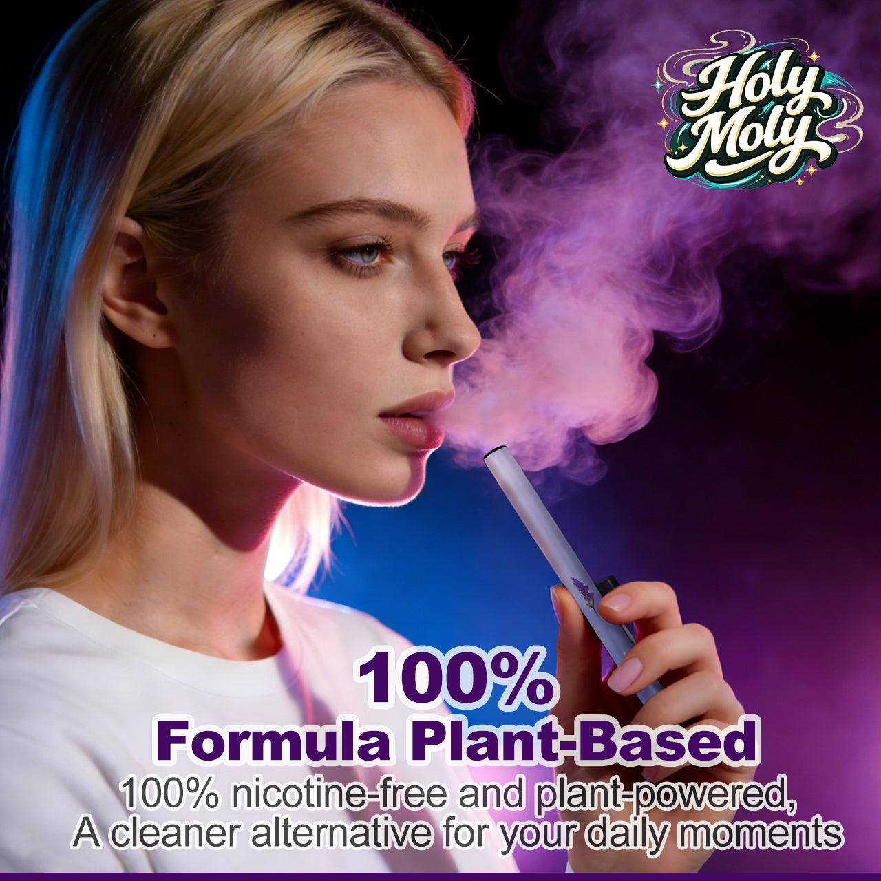 Blonde woman using a HOLYMOLY Melatonin herbal diffuser with purple and pink aromatic vapor for emotional stability and better sleep