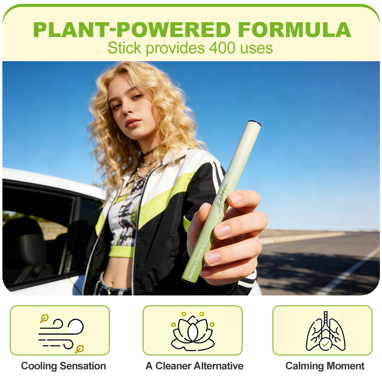 Young woman holding a HOLYMOLY Mullein and Thyme herbal diffuser for lung support and cooling relief outdoors