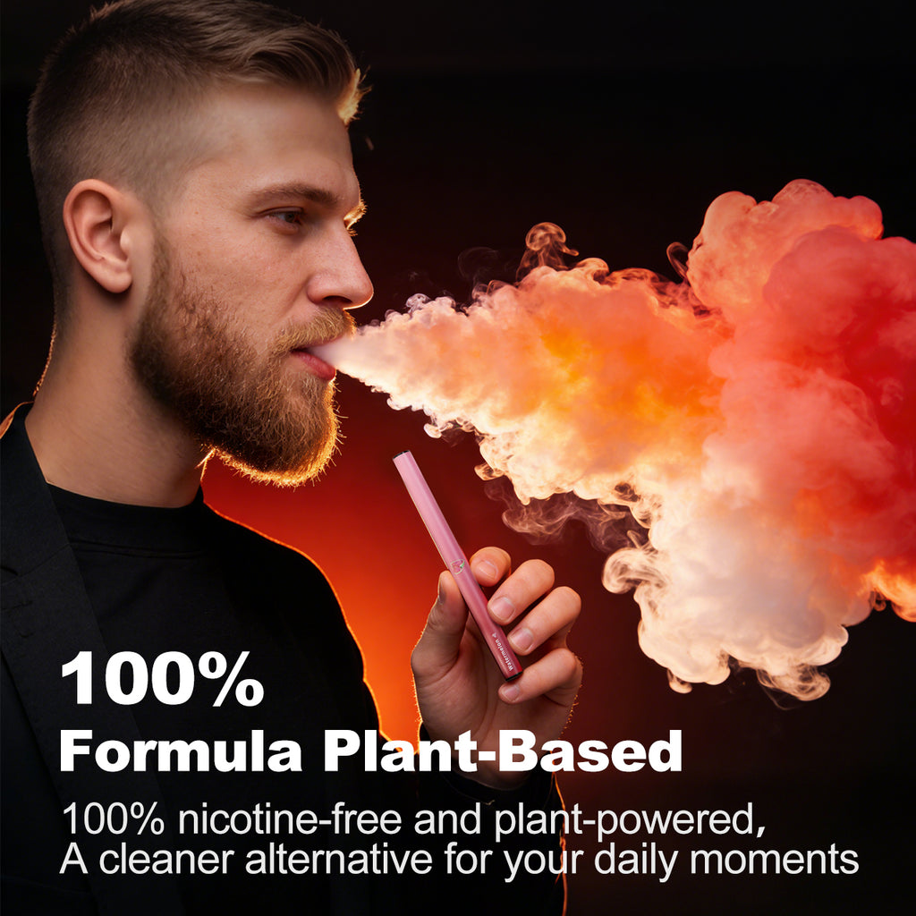 Bearded man using HOLYMOLY plant-based herbal diffuser with orange aromatic vapor clouds for emotional stability