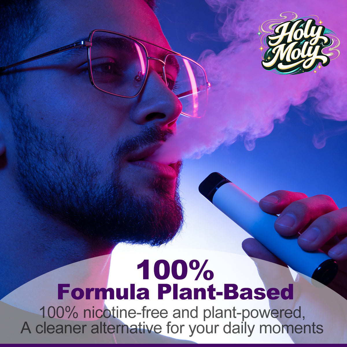Man with beard and clear glasses using a blue HOLYMOLY Melatonin herbal diffuser with purple and blue atmospheric lighting