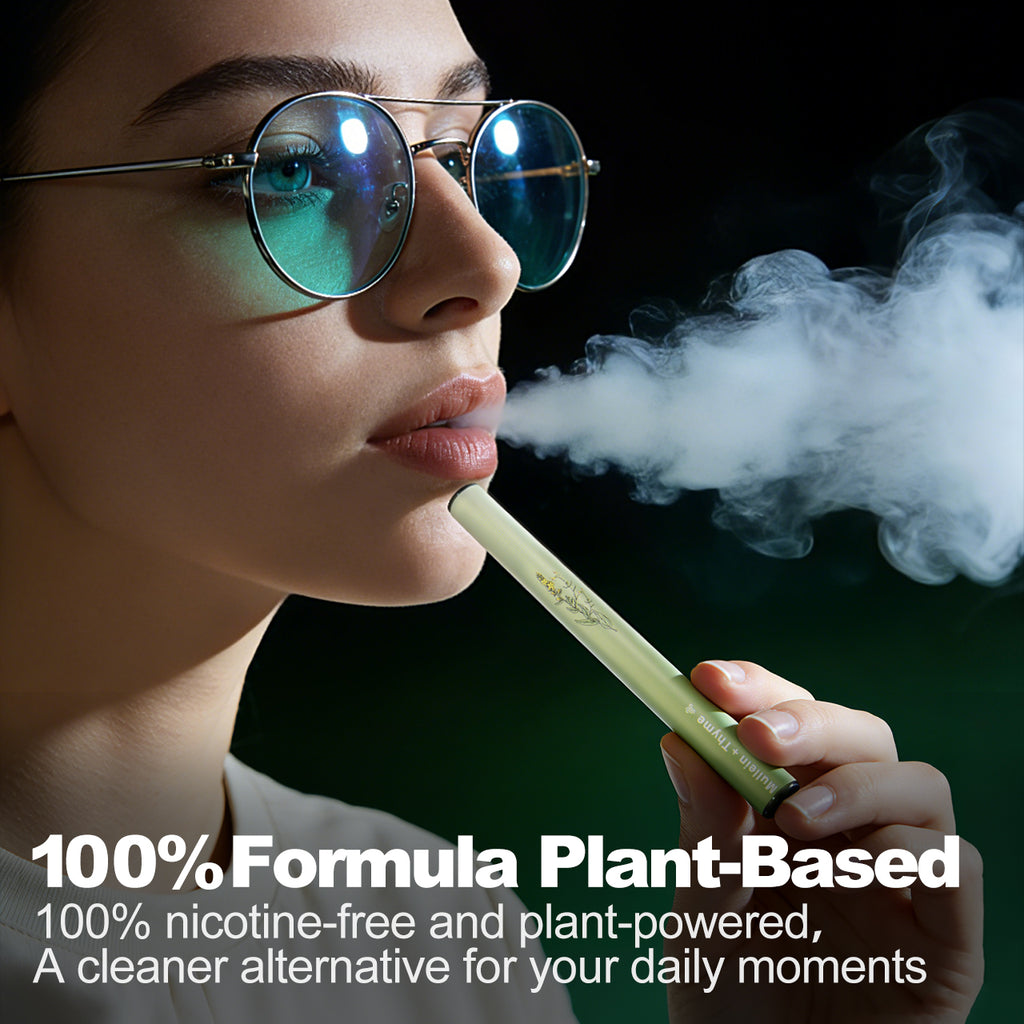 Young woman with clear-lens glasses using a green HOLYMOLY Mullein plus Thyme herbal diffuser with white aromatic vapor