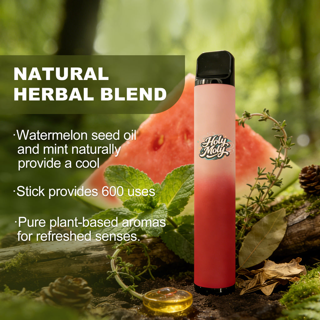 HOLYMOLY Watermelon herbal blend stick in a forest setting providing 600 uses with watermelon seed oil and mint ingredients`
