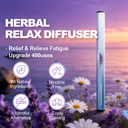 HOLYMOLY Melatonin Diffuser in a sunset field of daisies and lavender, highlighting its nicotine-free and natural smoking alternative benefits