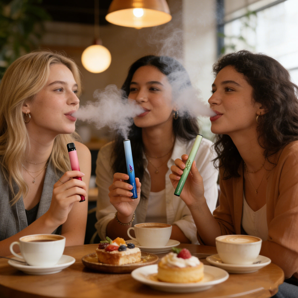 Three women at a cafe table with coffee and desserts, using different HOLYMOLY herbal diffusers and exhaling white aromatic vapor in a social setting.