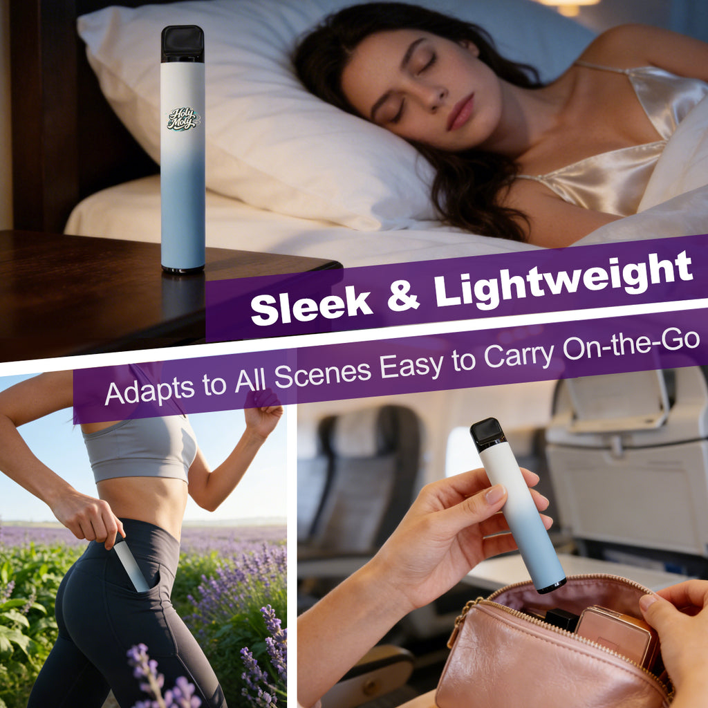 A lifestyle collage showing the HOLYMOLY Melatonin diffuser on a bedside table, being carried in a pocket during a run, and packed in a bag to showcase its sleek and lightweight design