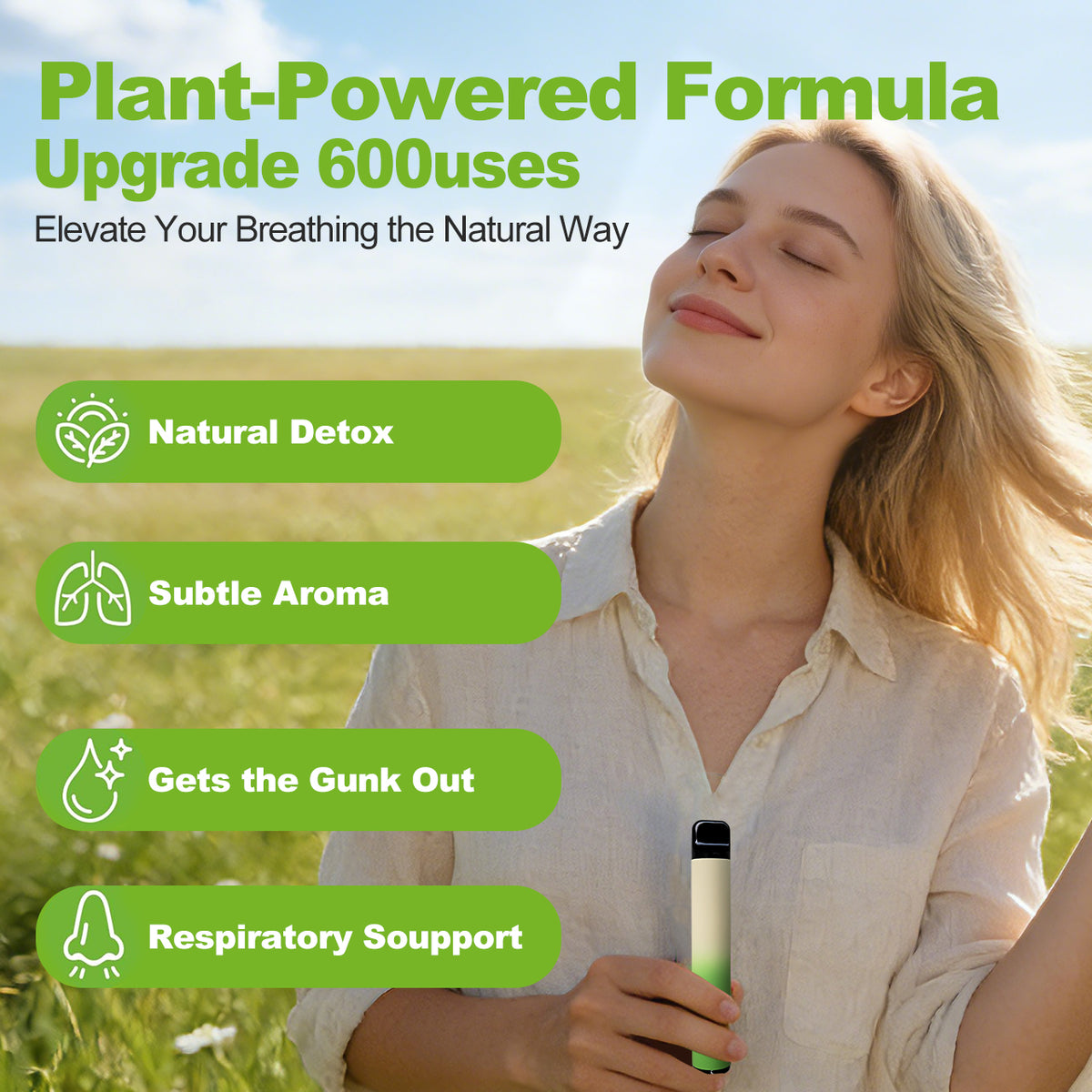 Smiling woman in a sunny field holding a green HOLYMOLY herbal diffuser featuring plant-powered formula benefits