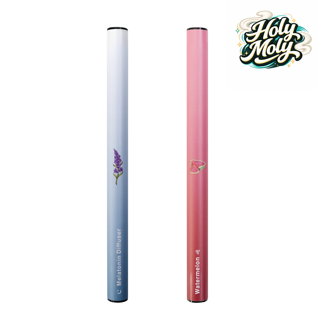 Two slim HOLYMOLY herbal diffusers on a white background: one blue-gradient Melatonin flavor and one pink-gradient Watermelon flavor.
