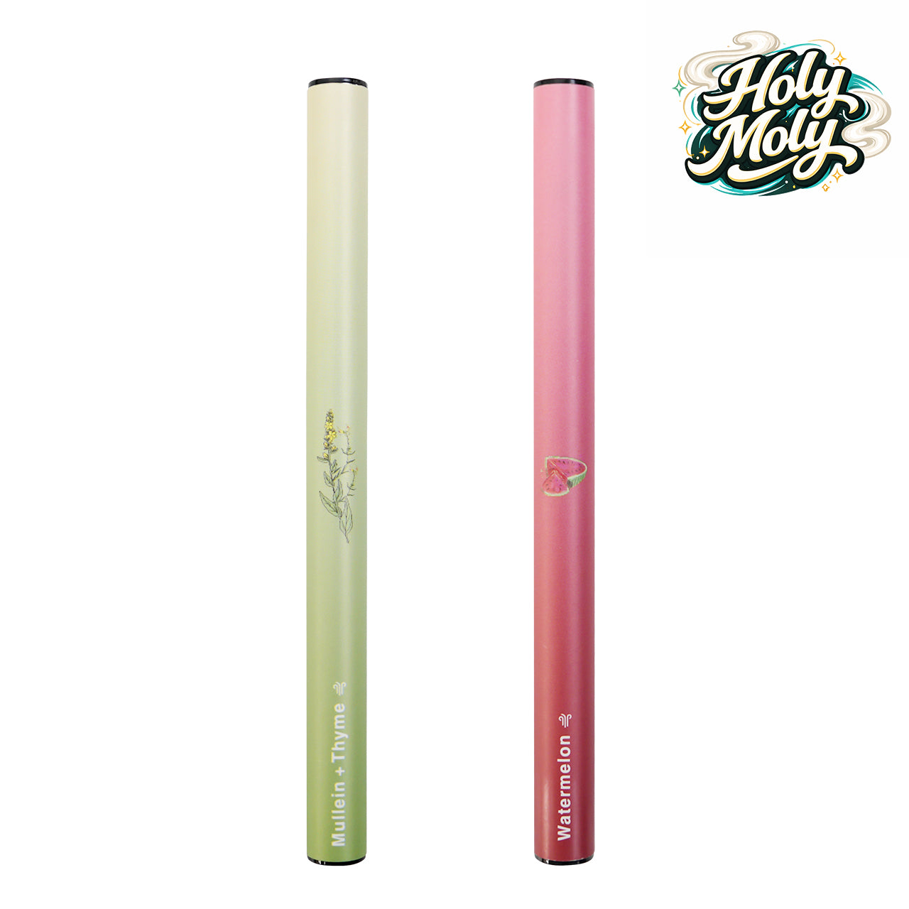 Two slim HOLYMOLY herbal diffusers on a white background: one green-gradient Mint flavor and one pink-gradient Watermelon flavor.