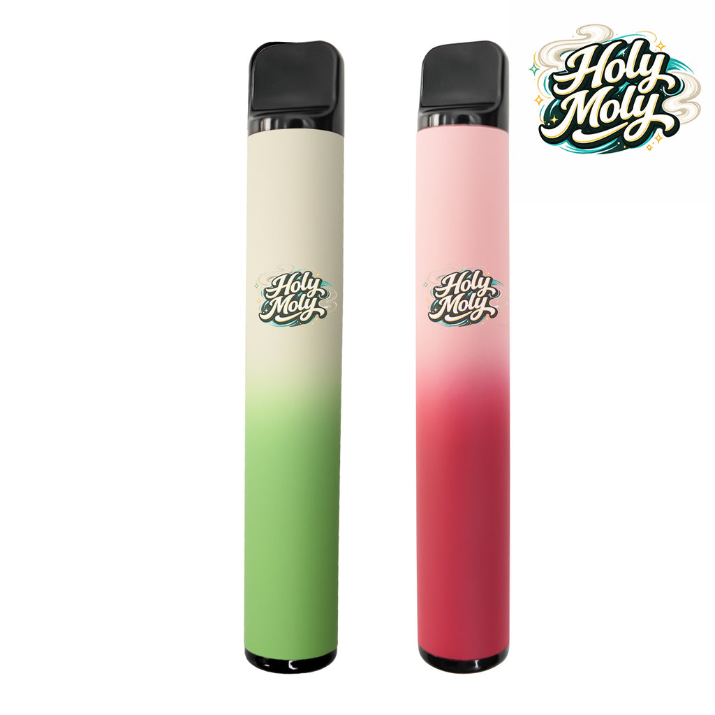 Two HOLYMOLY herbal diffusers on a white background: one with a green gradient representing Mint flavor and one with a pink gradient representing Watermelon flavor.