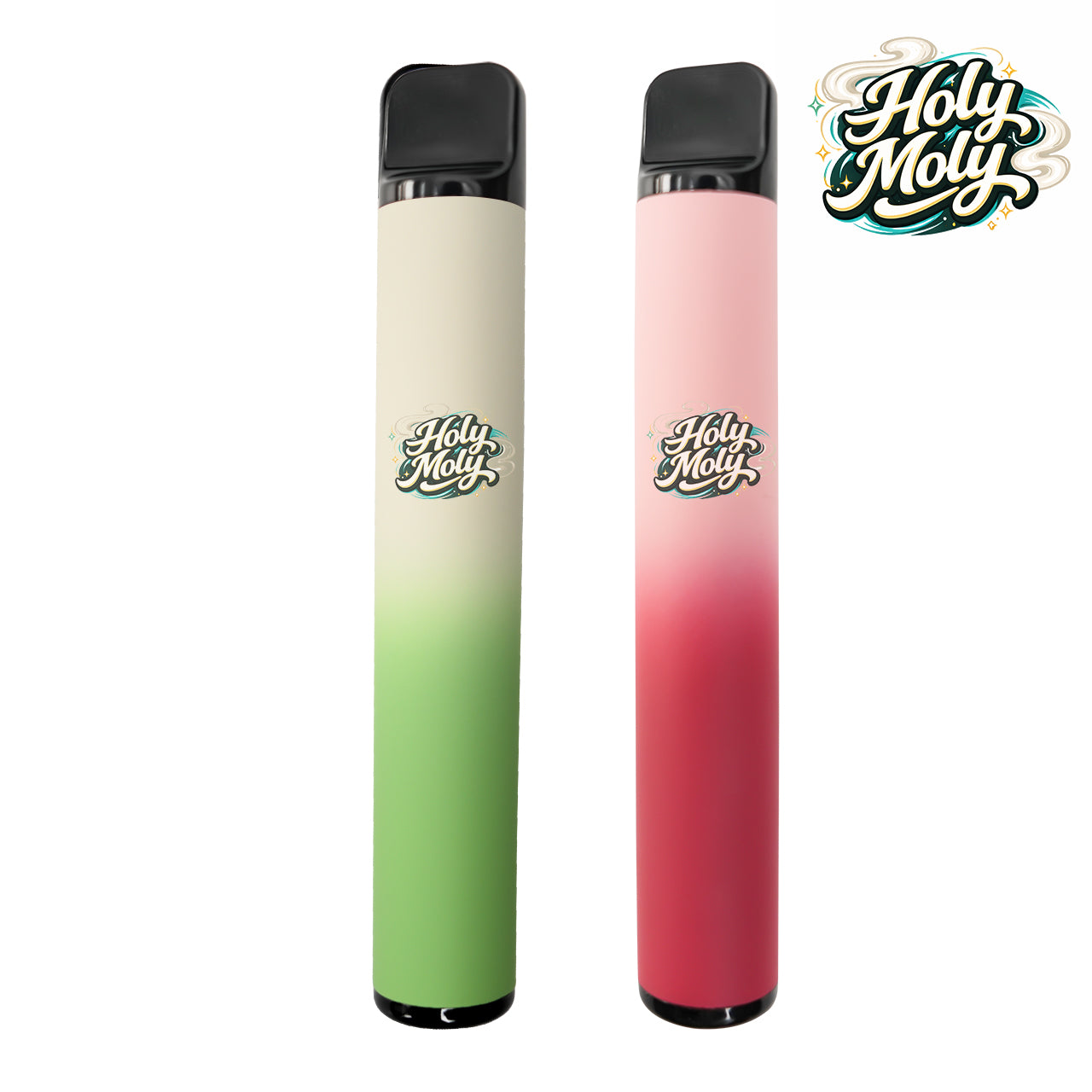 Two HOLYMOLY herbal diffusers on a white background: one with a green gradient representing Mint flavor and one with a pink gradient representing Watermelon flavor.