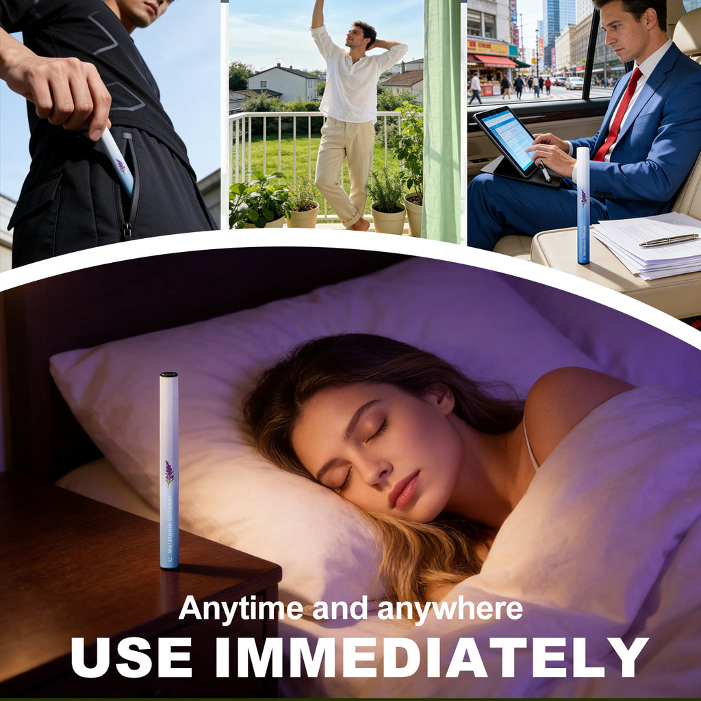 A lifestyle collage showing the HOLYMOLY Melatonin diffuser being used in various daily scenarios: tucked into a pocket, on a balcony, in a car during work, and on a nightstand while sleeping.
